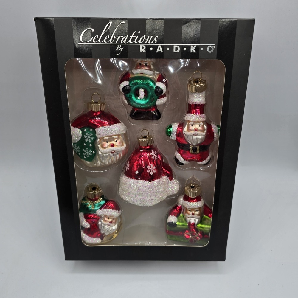 Christopher Radko Celebrations Glass Santa Christmas Ornaments Box of 6